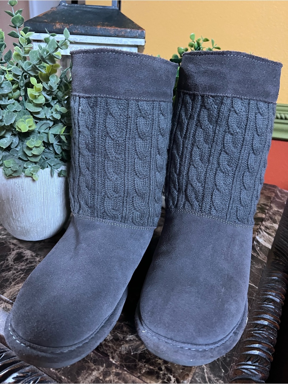 BearPaw Cable-Knit Mid-Calf Suede Boots - Dark Gray